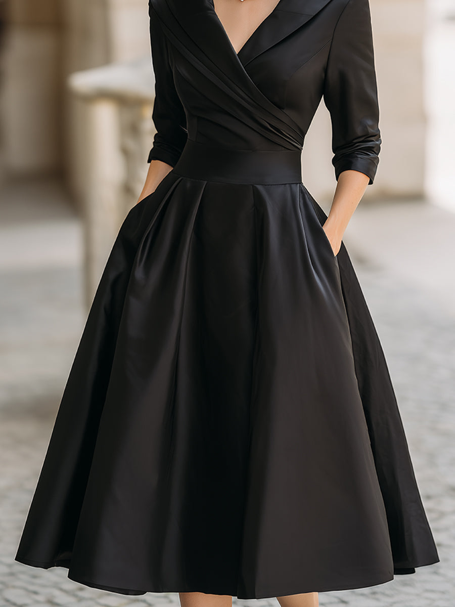 Luciana – Abito midi in satin ispirato al vintage con colletto drappeggiato