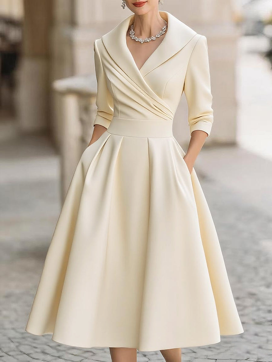 Luciana – Abito midi in satin ispirato al vintage con colletto drappeggiato