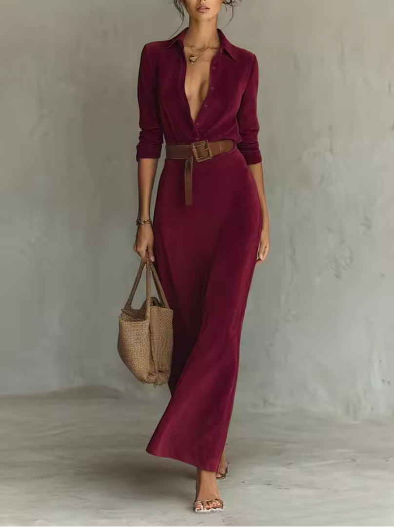 Elisa – Abito maxi in suede con collo a revers e cintura per donna