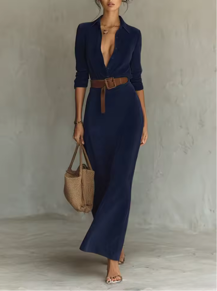 Elisa – Abito maxi in suede con collo a revers e cintura per donna