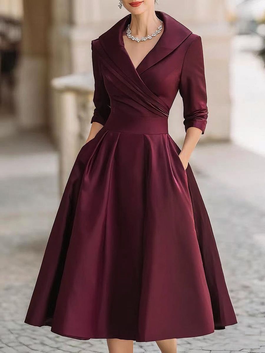 Luciana – Abito midi in satin ispirato al vintage con colletto drappeggiato