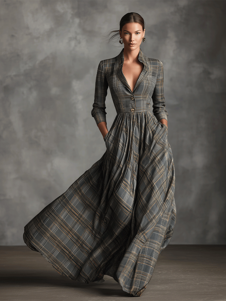 Camilla – Abito maxi flare in lino misto grigio con motivo tartan