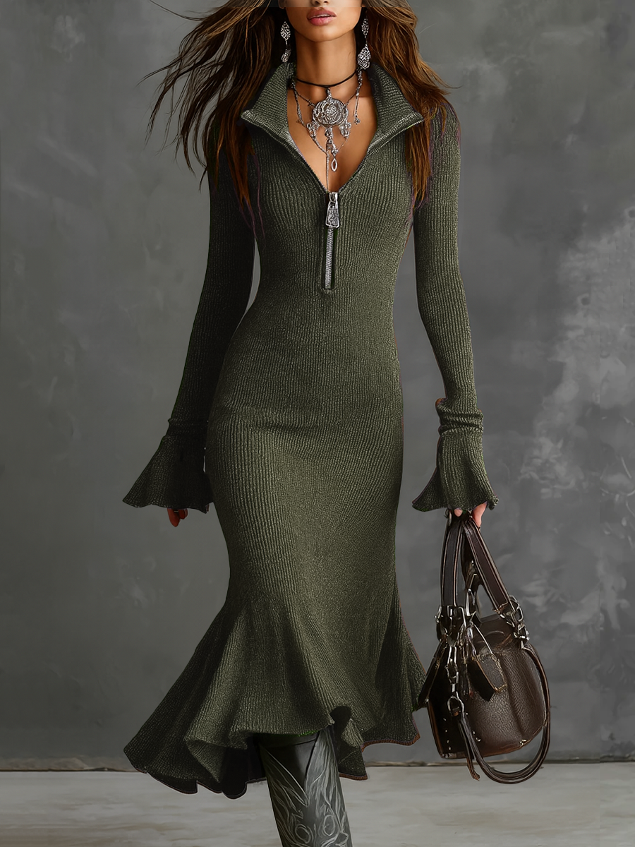 Valentina – Abito midi tricot con maniche a campana e collo con cerniera retro