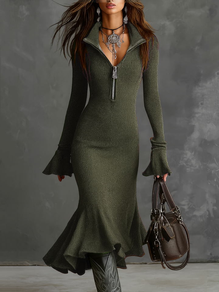 Valentina – Abito midi tricot con maniche a campana e collo con cerniera retro
