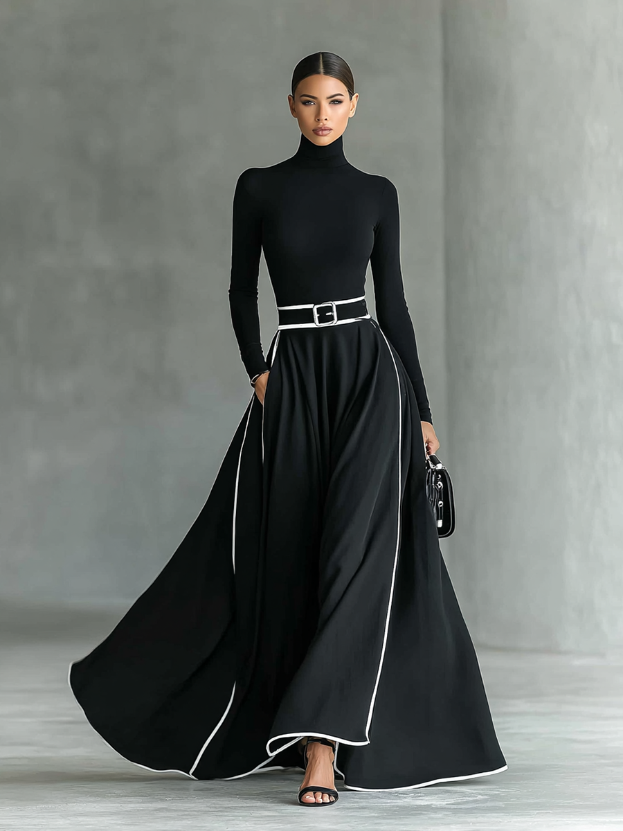 Martina – Abito maxi nero con cuciture bianche, collo alto, maniche lunghe e cintura