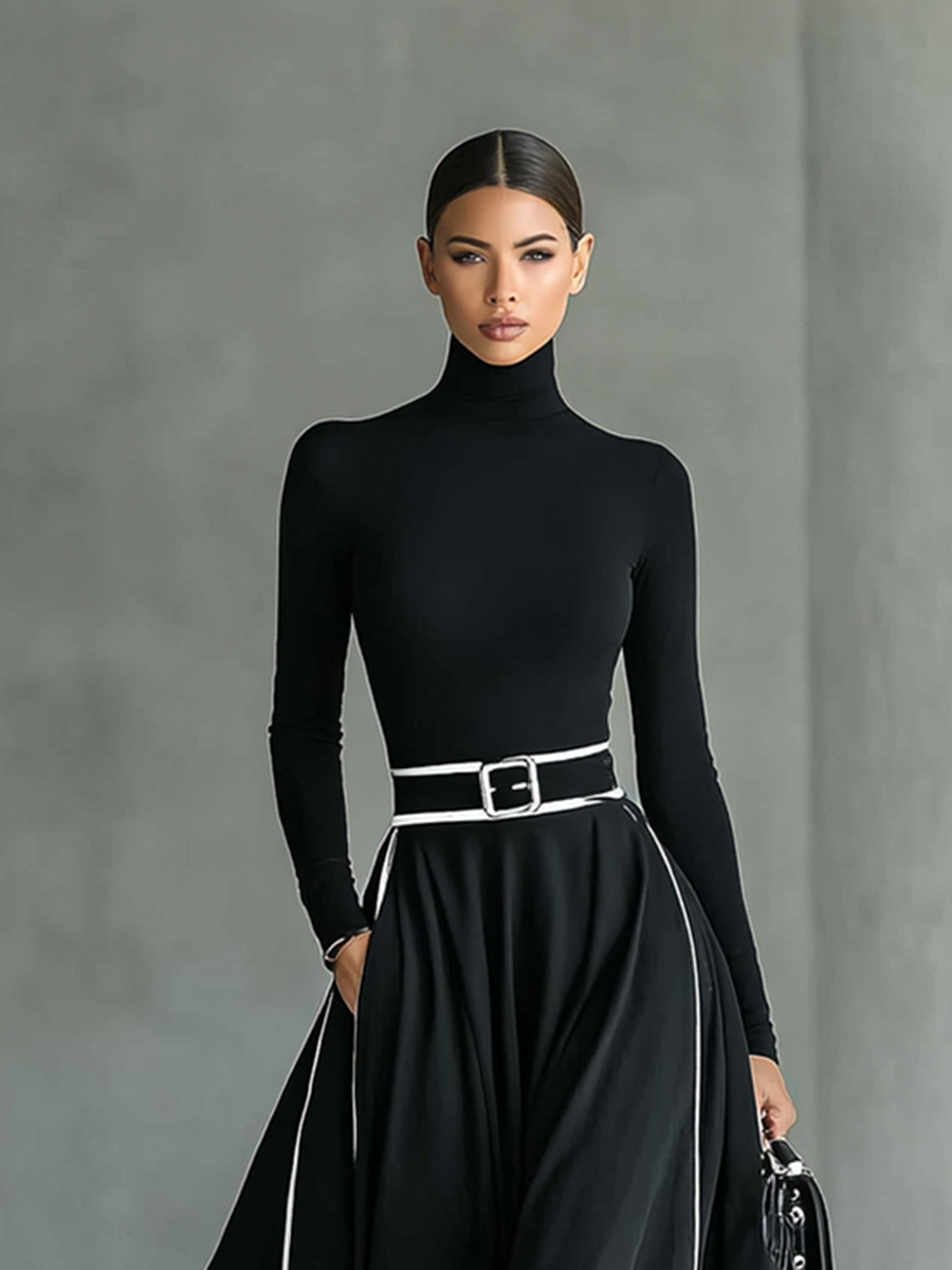 Martina – Abito maxi nero con cuciture bianche, collo alto, maniche lunghe e cintura