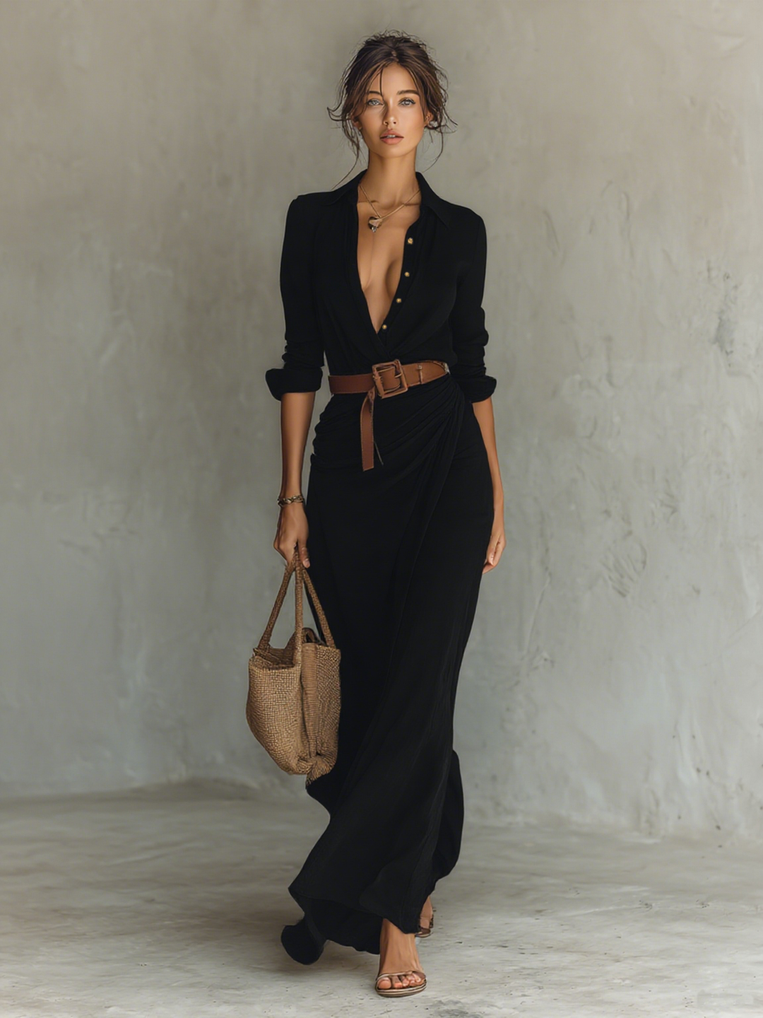 Carmen – Abito lungo in denim con cintura e maniche lunghe