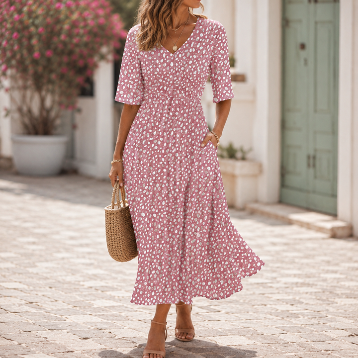 Sofia – Elegante abito midi con design camuffante per la pancia
