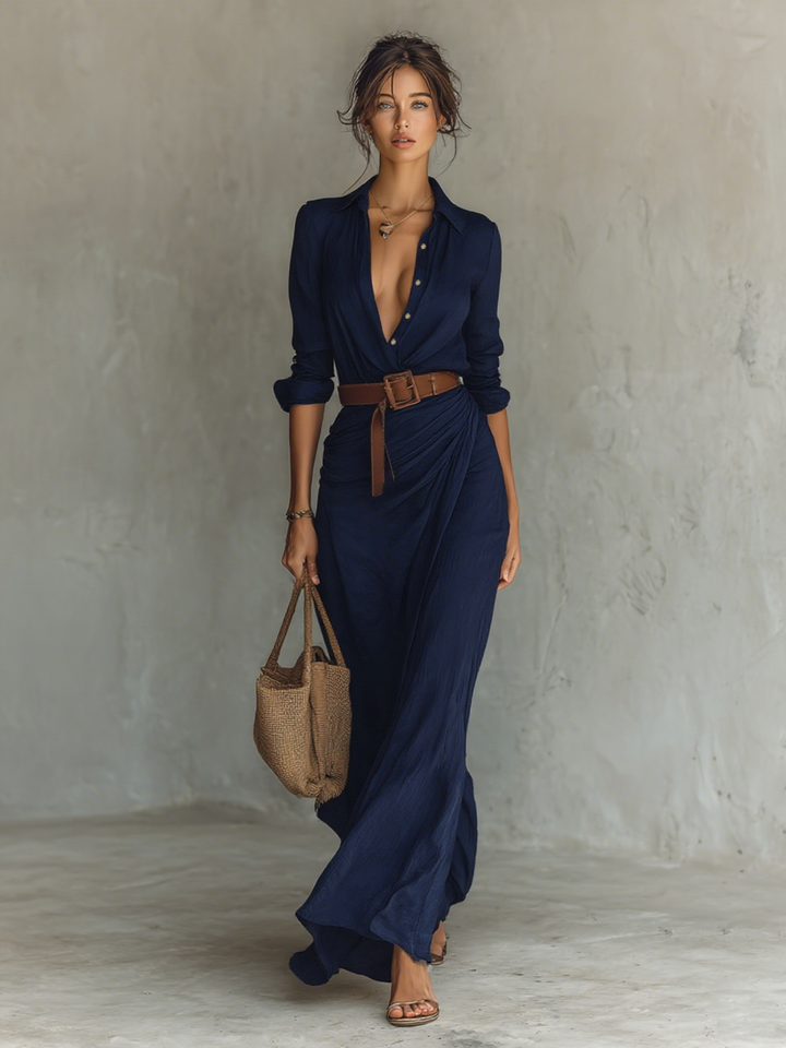 Carmen – Abito lungo in denim con cintura e maniche lunghe