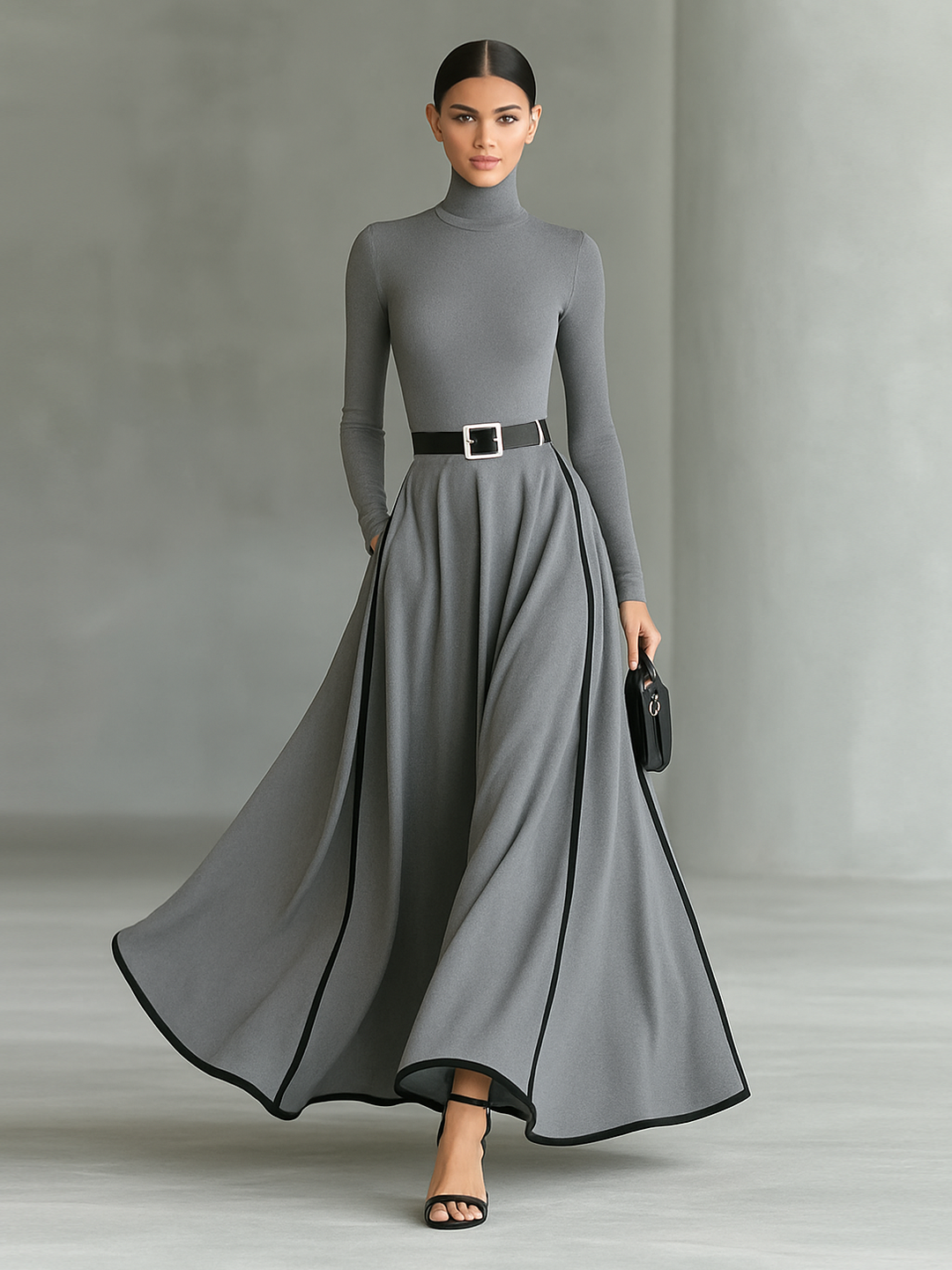 Martina – Abito maxi nero con cuciture bianche, collo alto, maniche lunghe e cintura