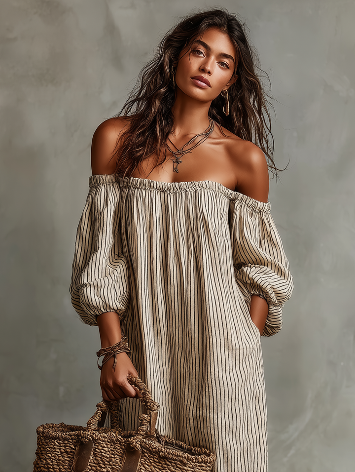 Carmen - Abito lungo in cotone e lino con spalle scoperte