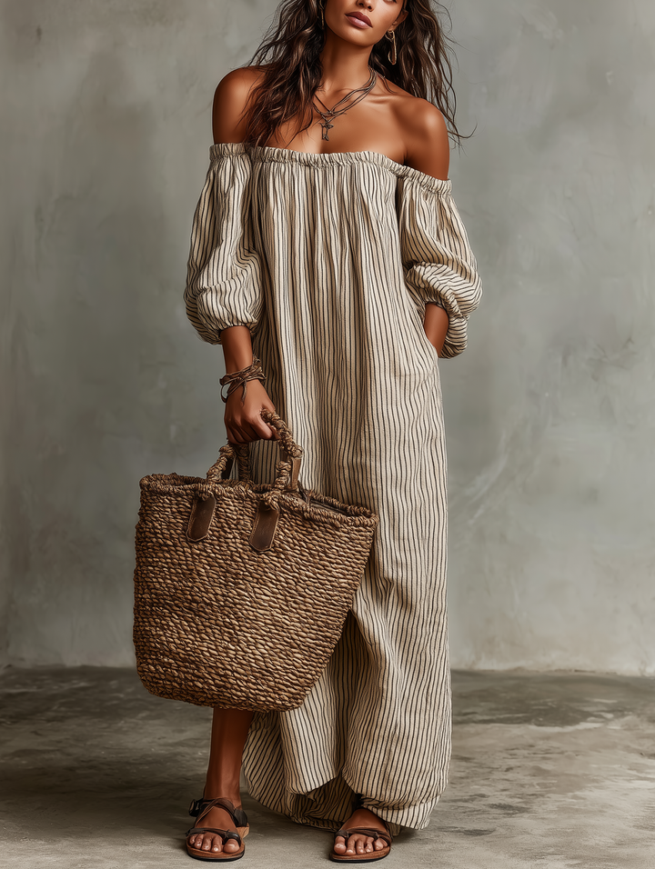 Carmen - Abito lungo in cotone e lino con spalle scoperte
