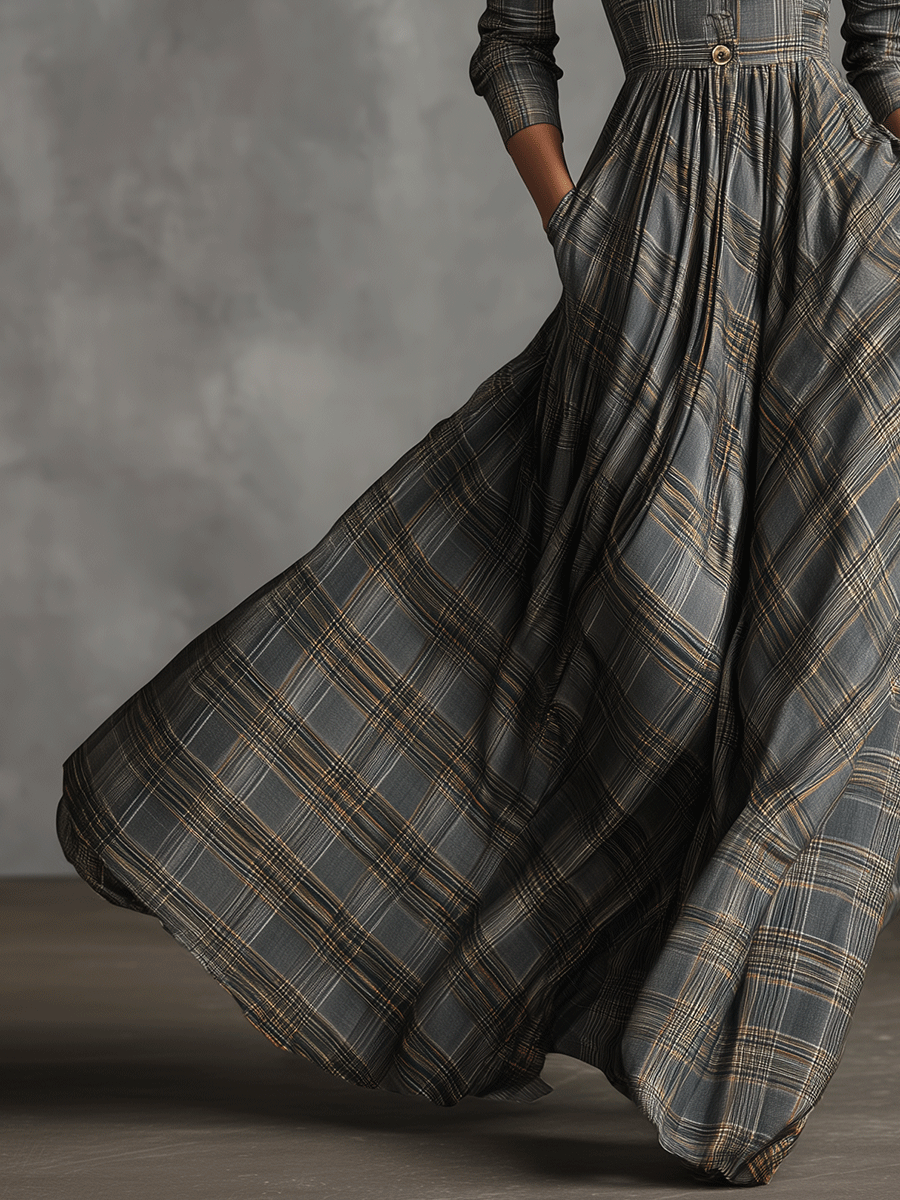 Camilla – Abito maxi flare in lino misto grigio con motivo tartan