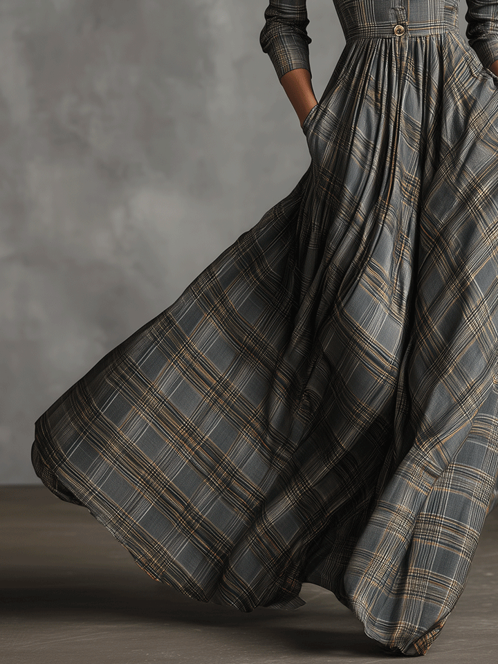Camilla – Abito maxi flare in lino misto grigio con motivo tartan