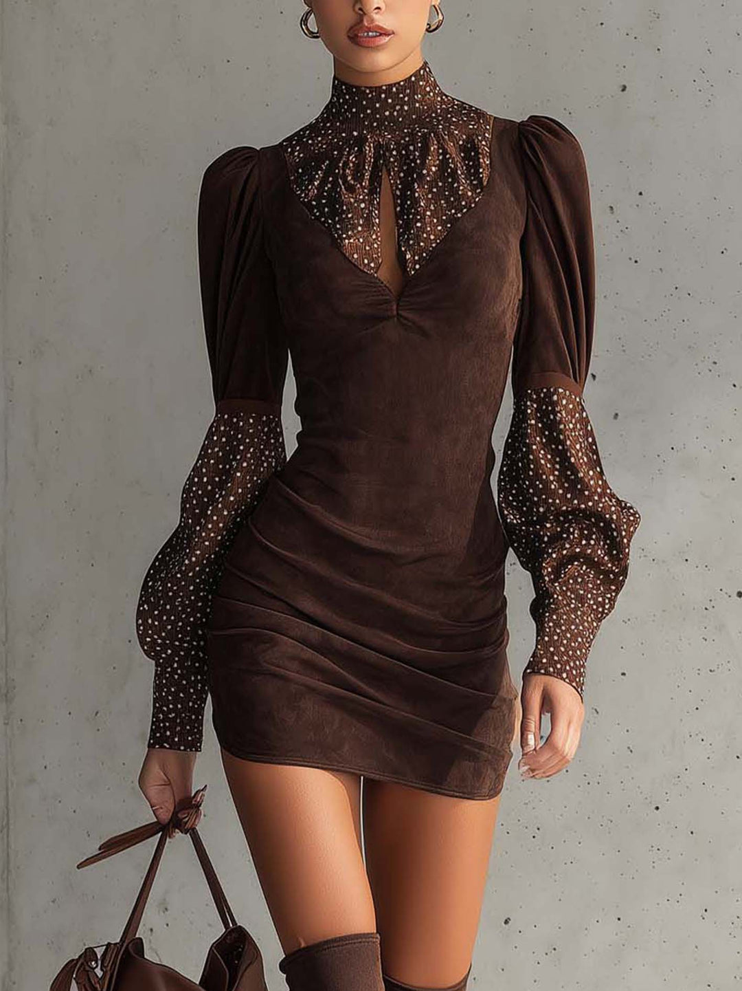 Beatrice – Abito bodycon in finta suede marrone con pois in raso