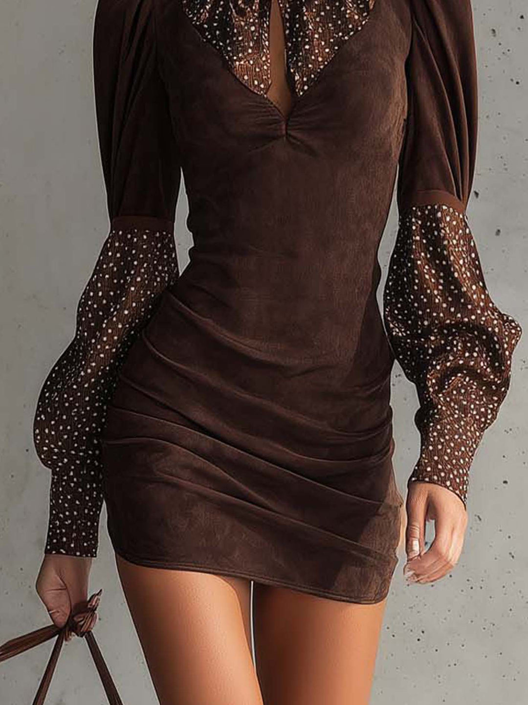 Beatrice – Abito bodycon in finta suede marrone con pois in raso