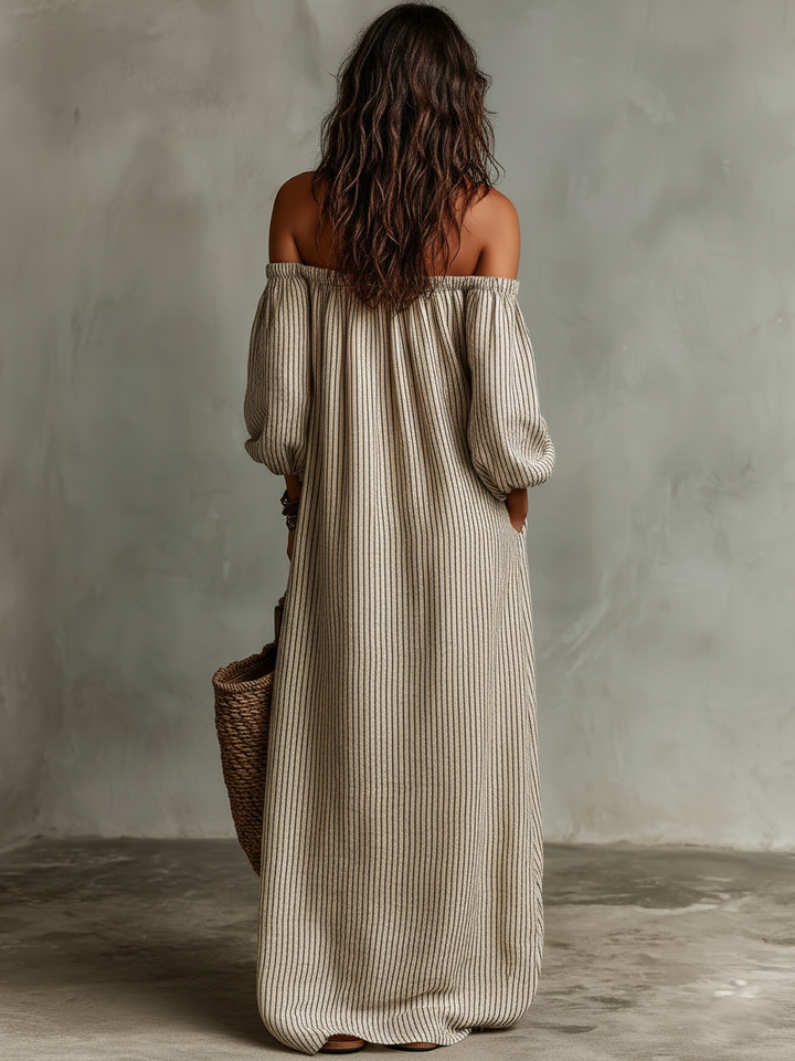 Carmen - Abito lungo in cotone e lino con spalle scoperte