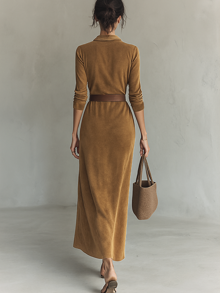 Elisa – Abito maxi in suede con collo a revers e cintura per donna