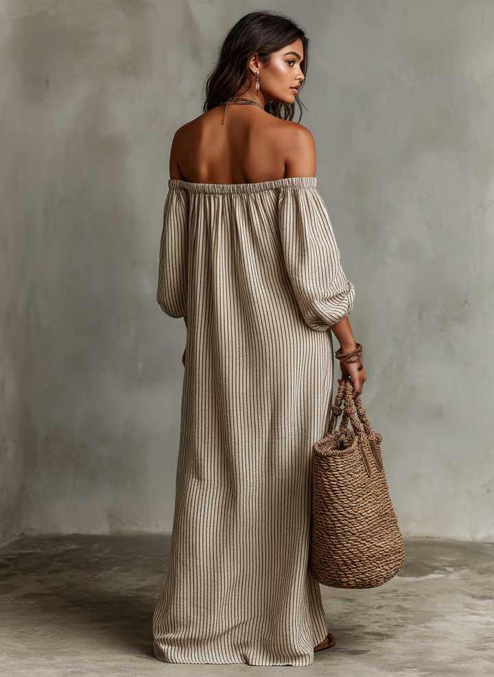 Carmen - Abito lungo in cotone e lino con spalle scoperte