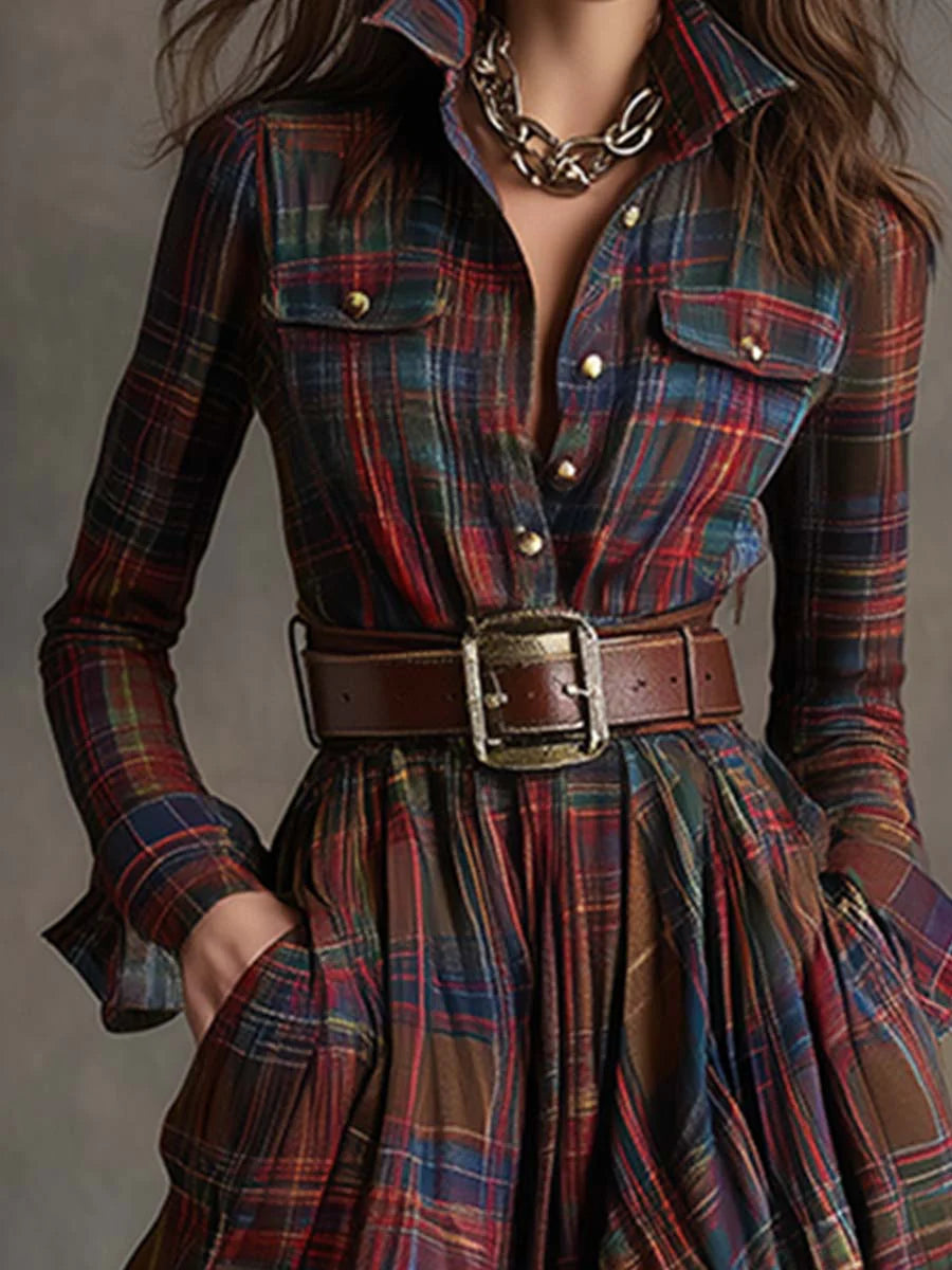 Mirella – Vestito lungo a quadri marrone rossiccio con revers retrò