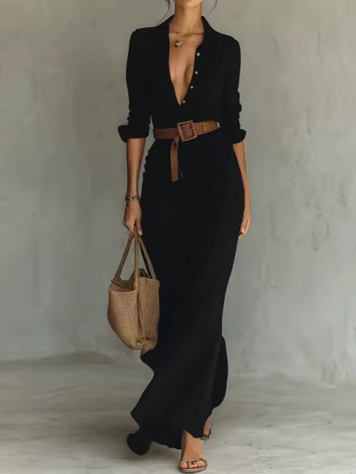 Elisa – Abito maxi in suede con collo a revers e cintura per donna