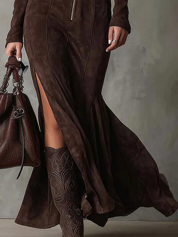 Raffaella – Vestito lungo vintage marrone con zip