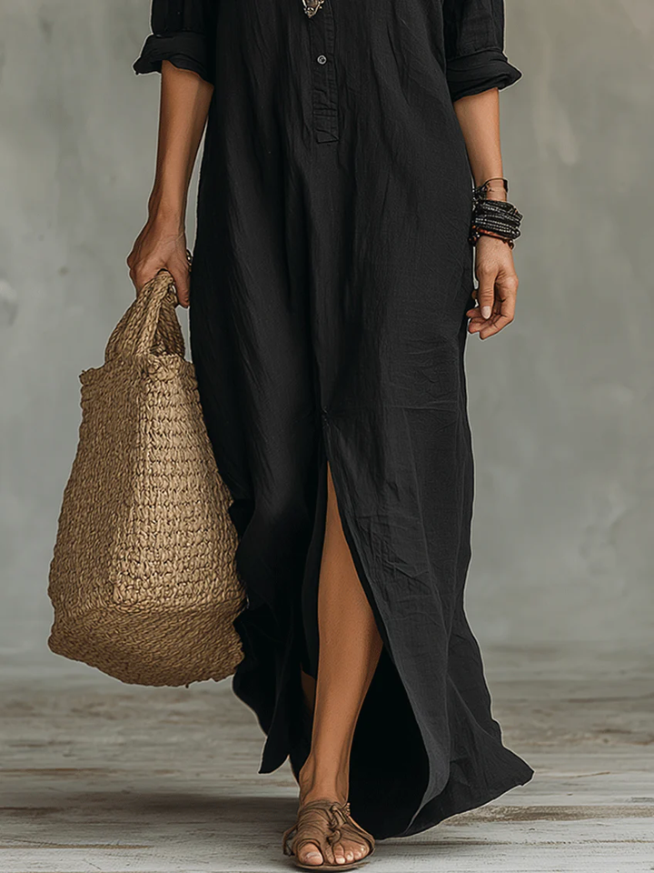 Soline™ | Vestito maxi nero oversize con bottoni