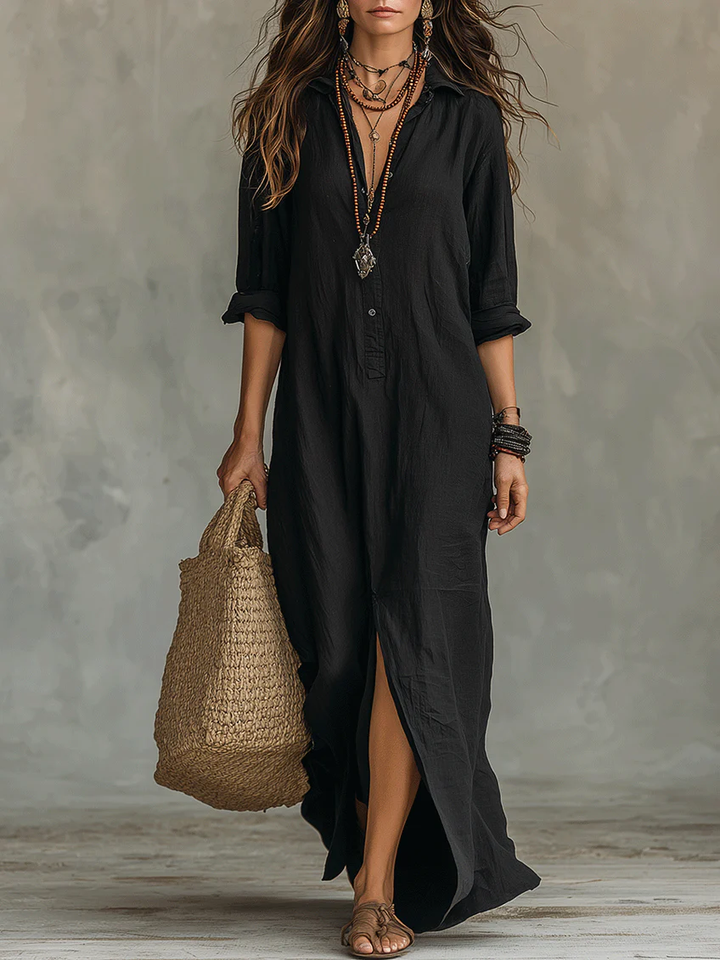 Soline™ | Vestito maxi nero oversize con bottoni