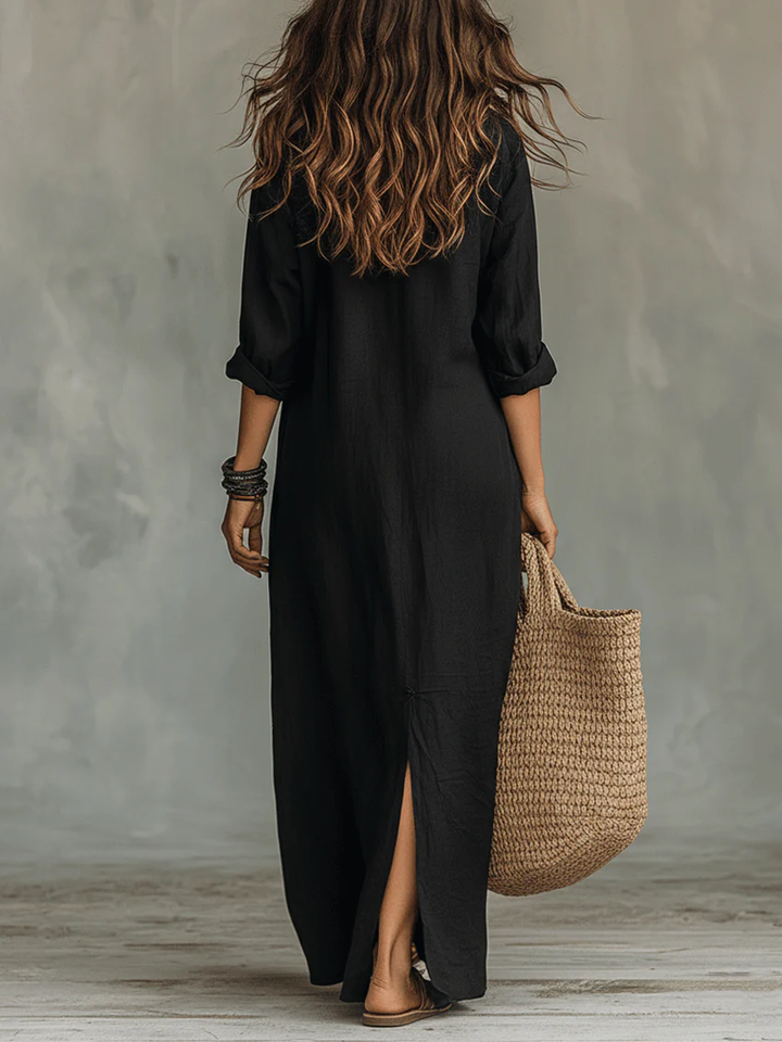 Soline™ | Vestito maxi nero oversize con bottoni
