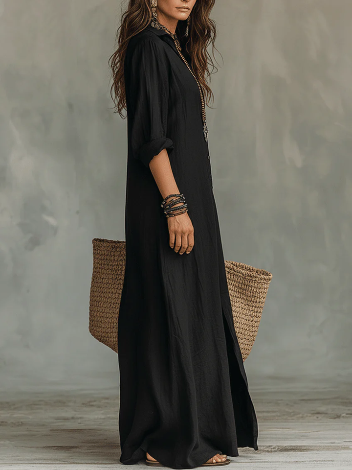 Soline™ | Vestito maxi nero oversize con bottoni