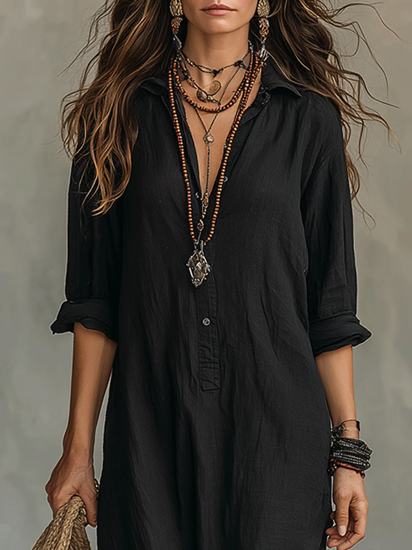Soline™ | Vestito maxi nero oversize con bottoni