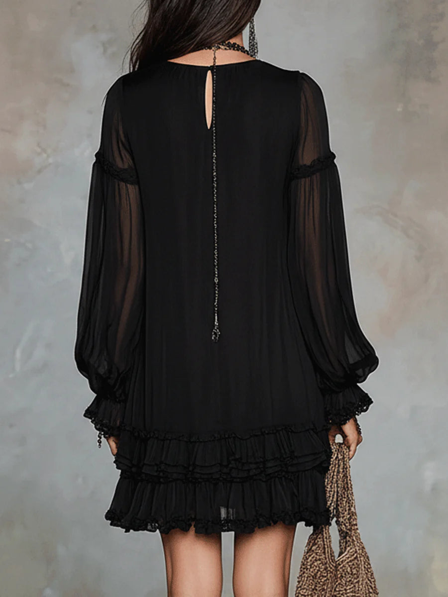 Isabella – Abito mini in chiffon nero con maniche a lanterna e rouches