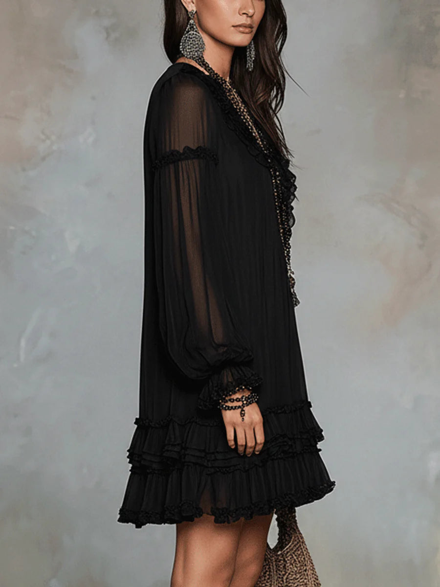 Isabella – Abito mini in chiffon nero con maniche a lanterna e rouches
