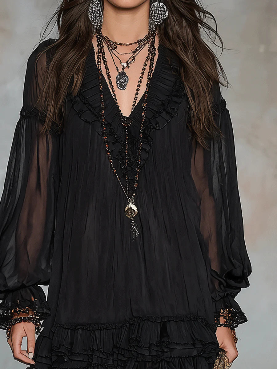 Isabella – Abito mini in chiffon nero con maniche a lanterna e rouches