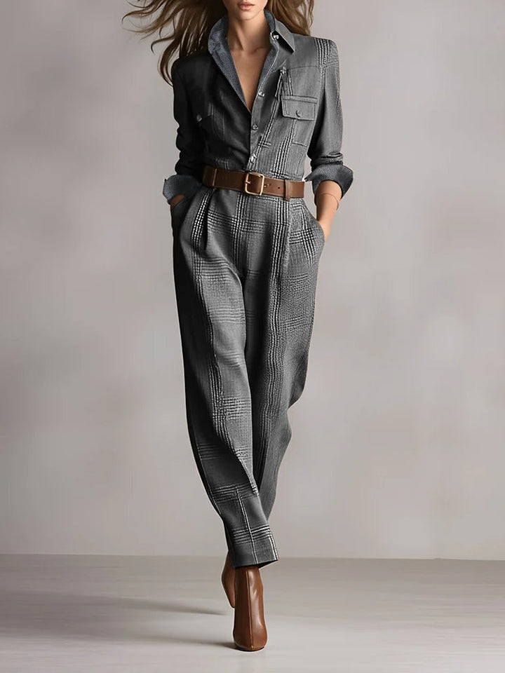 Cecilia – Tuta utility a quadri in tweed marrone sofisticato