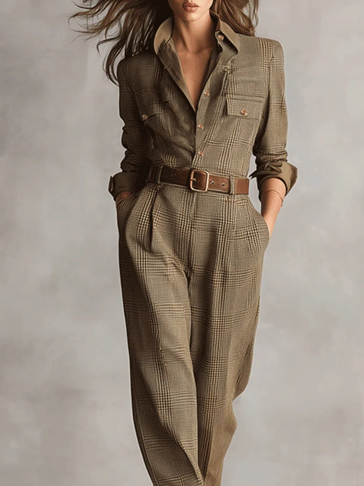 Cecilia – Tuta utility a quadri in tweed marrone sofisticato
