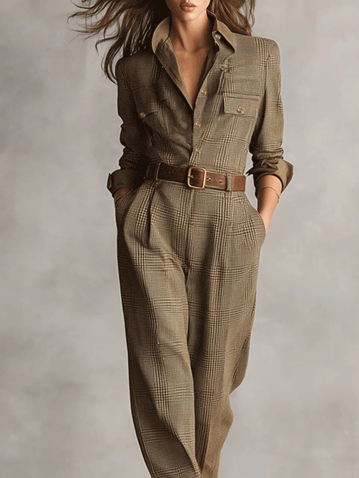 Cecilia – Tuta utility a quadri in tweed marrone sofisticato