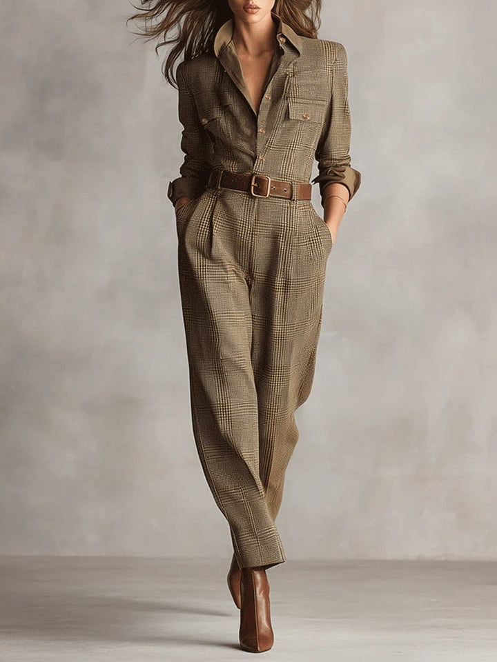 Cecilia – Tuta utility a quadri in tweed marrone sofisticato