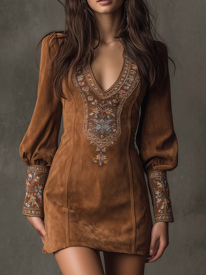 Bianca – Vestito mini in suede marrone vintage con scollo a V ricamato