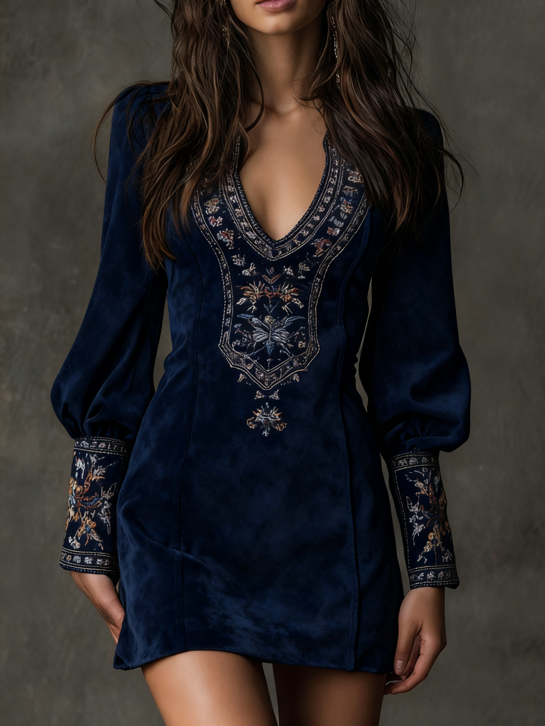 Bianca – Vestito mini in suede marrone vintage con scollo a V ricamato