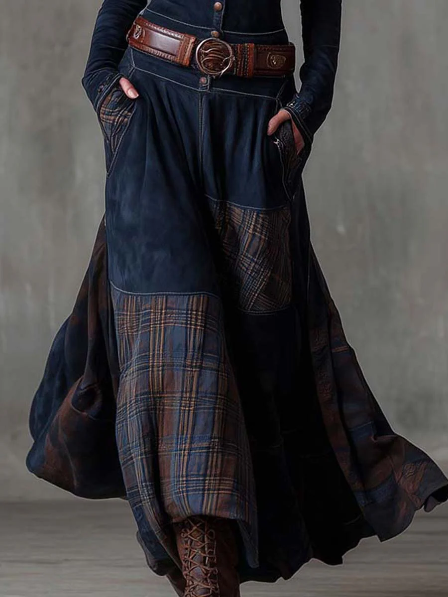 Leonora – Vestito lungo vintage in camoscio a quadri blu navy (inclusa cintura)
