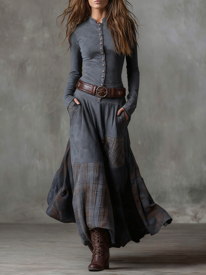 Leonora – Vestito lungo vintage in camoscio a quadri blu navy (inclusa cintura)