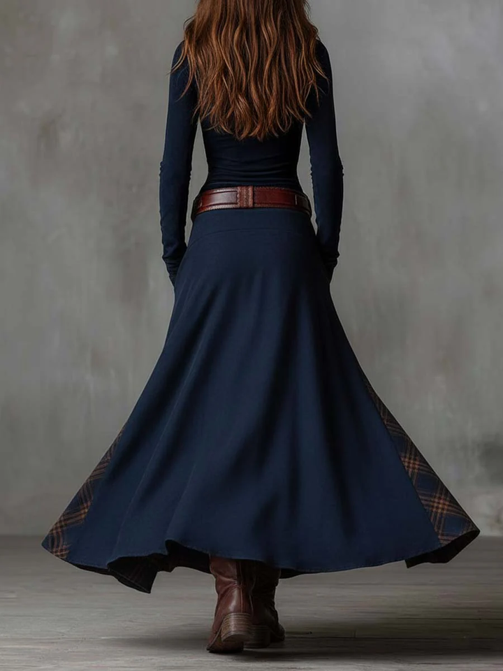 Leonora – Vestito lungo vintage in camoscio a quadri blu navy (inclusa cintura)