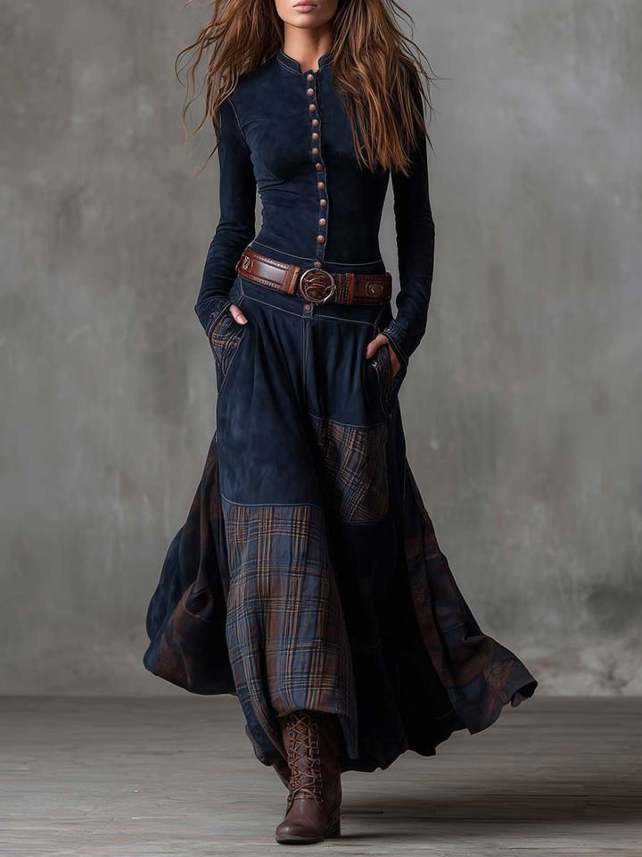 Leonora – Vestito lungo vintage in camoscio a quadri blu navy (inclusa cintura)
