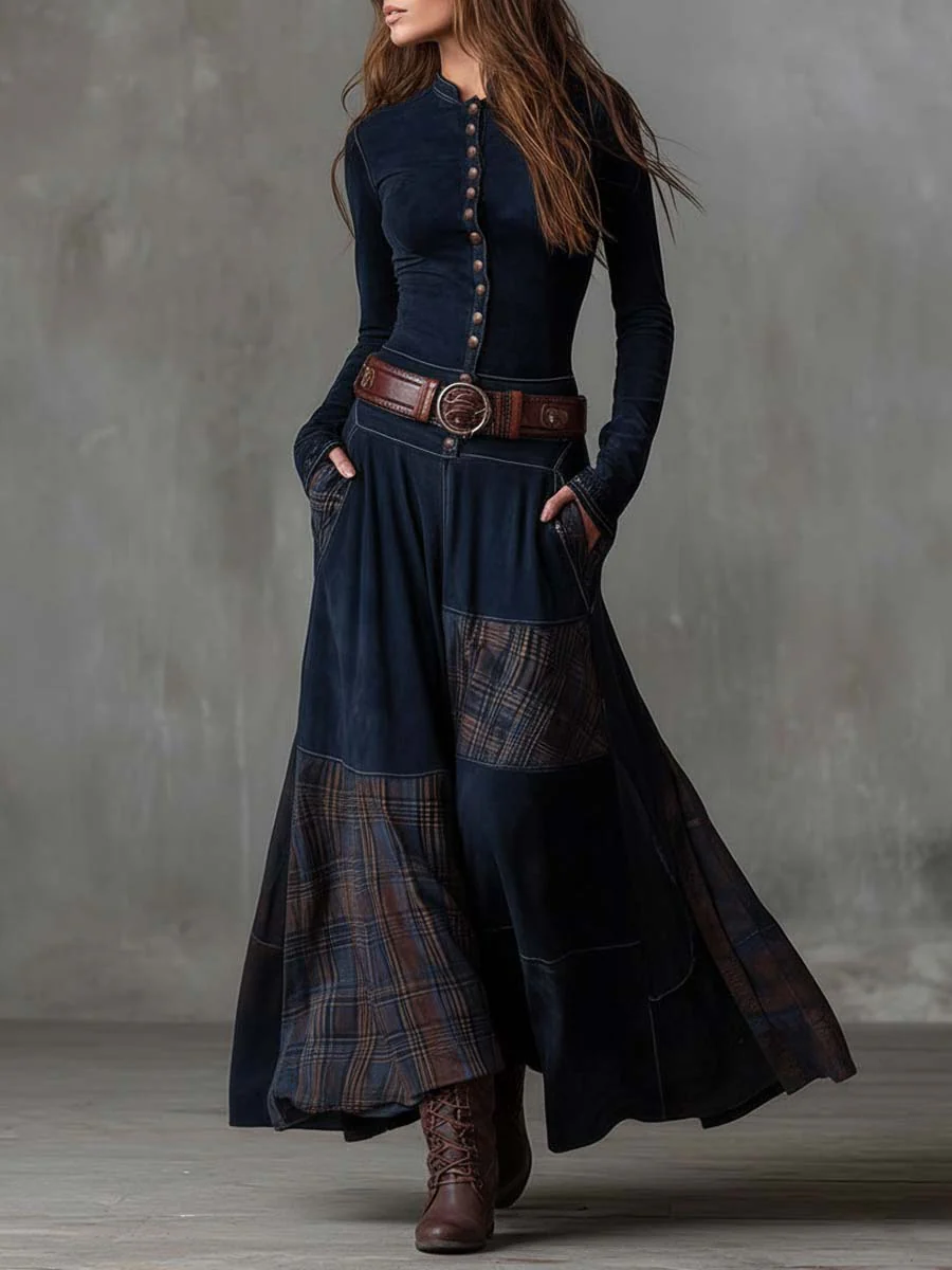 Leonora – Vestito lungo vintage in camoscio a quadri blu navy (inclusa cintura)