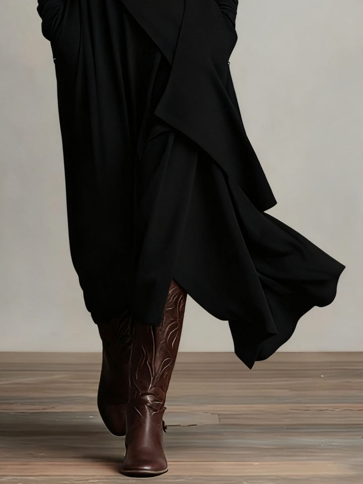 Sandra – Vestito maxi plissettato asimmetrico con collo alto viola
