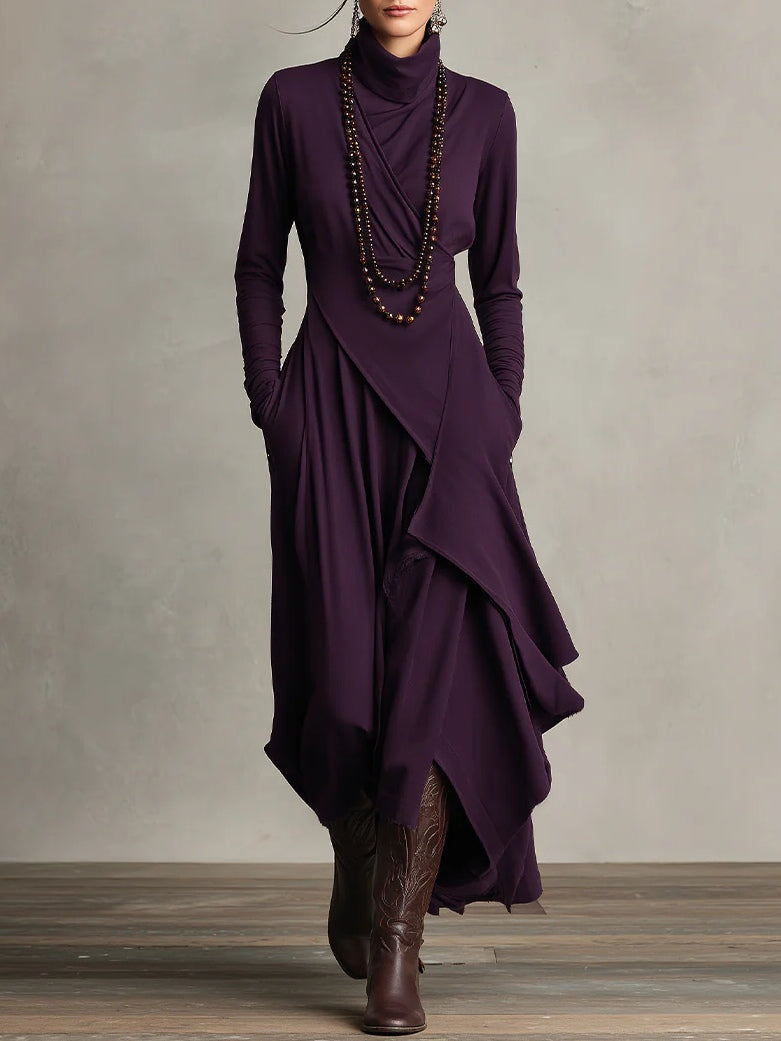 Sandra – Vestito maxi plissettato asimmetrico con collo alto viola