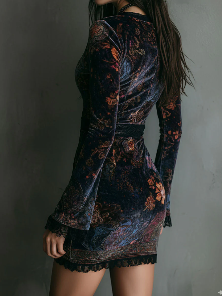Liora – Mini abito floreale in velluto con pizzo