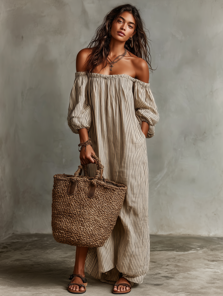 Carmen - Abito lungo in cotone e lino con spalle scoperte