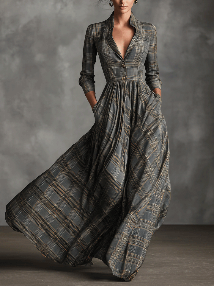 Camilla – Abito maxi flare in lino misto grigio con motivo tartan